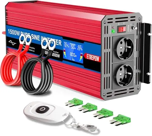 Inversor 12v 220v Onda Pura 1500w Convertidor de Voltaje con 2 Tomas de la UE y USB, Mando a Distancia inalámbrico, Pantalla LCD Adecuado para Sistemas solares, Coches, Camping,Caravanas