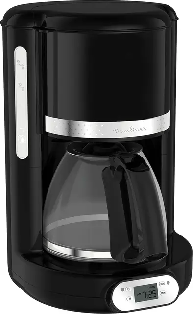 Moulinex Soleil – Cafetera filtro, capacidad de 1,25 L, hasta 15 tazas, control nivel del agua, temporizador programable, función mantener caliente, jarra cristal, color negro, FG380B