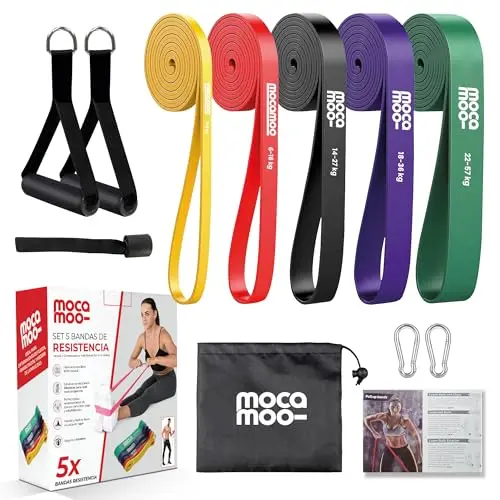 Bandas de Resistencia Musculación – Set 5 Bandas Elásticas Fitness para Piernas, Glúteos, Brazos, Abdomen. Ejercicios en Casa y Gimnasio con Accesorios
