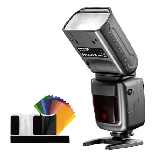 PHOTOOLEX Flash Speedlite para Canon Nikon Sony Panasonic Olympus Fujifilm Pentax Sigma Minolta Leica y Otras cámaras DSLR Digital SLR Rollo SLR y Cámaras Digitales con Zapata de Contacto Singular