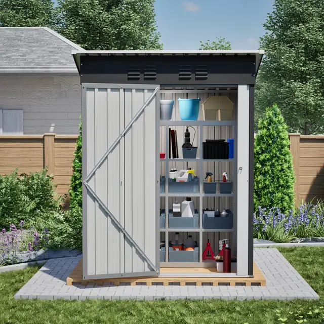 Cobertizo de metal 230 x 180 cm con techo reprimido, cobertizo de acero galvanizado en caliente con suelo, resistente a la intemperie como garaje para bicicletas, herramientas de jardín y robot