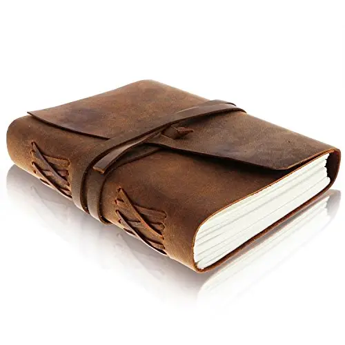 moonster® Cuaderno de Cuero – Diario de Escritura Hecho a Mano Estilo Antiguo Hombre y Mujer – Papel Blanco Liso 20x15cm – Perfecto para Dibujantes – Diario de Cuero Estilo Bloc de Notas