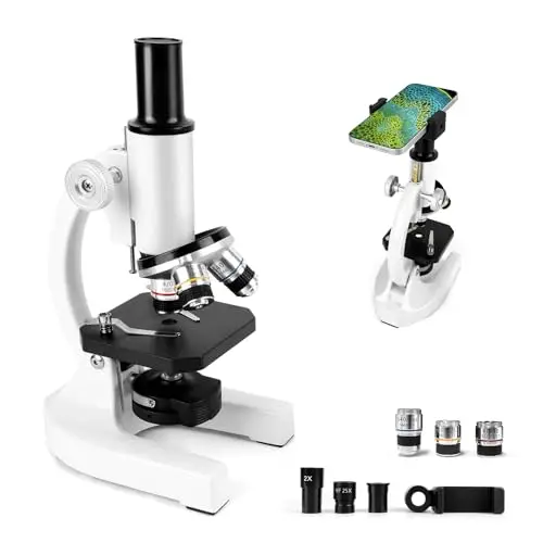 Microscopio de 40-2000x, microscopio profesional de metal para adultos y niños, con oculares de 10x y 25x, lentes de 4x 10x 40x, lupa de 2x y set de accesorios, ideal para biología y metalurgia