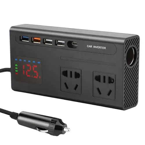 Inversor Convertidor 12v 220v De Corriente Versátil para Coche De 200 W, con Gran Pantalla Digital, Interfaz Tipo C, para Coche, Cámping, Phone,Tablet,Consolas Furgoneta