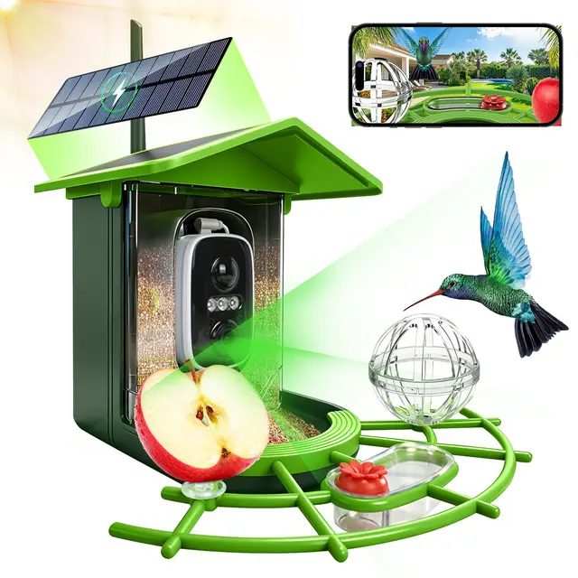 Roadtime Pajarera con cámara de calidad de imagen de 4 MP, alimentador de pájaros alimentado por energía solar, IA identifica más de 11.000 tipos de aves, cámara IP65 con visión nocturna a todo color