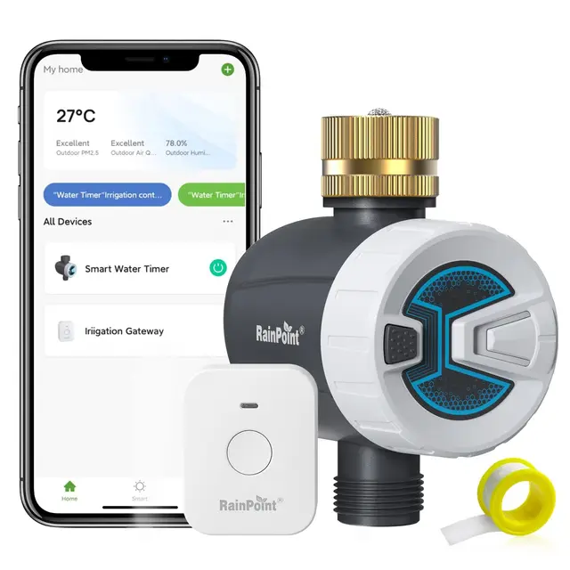 RAINPOINT Programador Riego WiFi, Temporizador Riego Automatico WiFi con Entrada de Latón, Modo de Ciclo y Remojo, Control Remoto App a través de WLAN de 2,4 GHz o Bluetooth, para Césped y Jardín