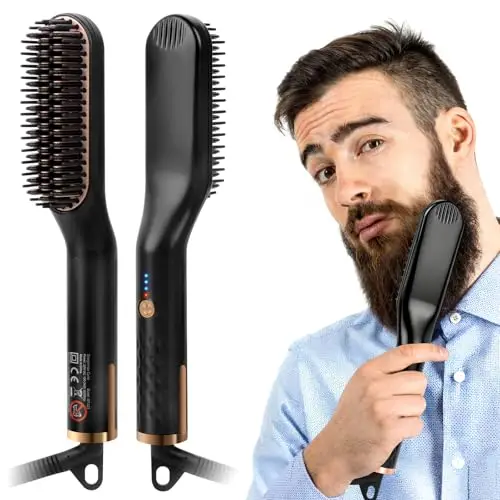 Cepillo Alisador de Barba, 3 in 1 Peine Alisador Electrico para Hombres, Mini Plancha de Barba, Cepillo Alisador Barba Hombre Para Barba Larga y Corta, Temperaturas Ajustables