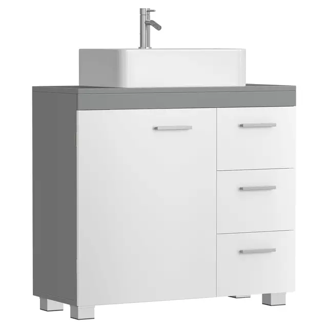 VASAGLE Mueble Bajo Lavabo, Armario de Baño, 3 Cajones, 2 Compartimentos Detrás de la Puerta, Apto para Lavabos con Pedestal, con Pies, 30 x 70 x 64 cm, Blanco Nube y Gris Paloma BBK504W02
