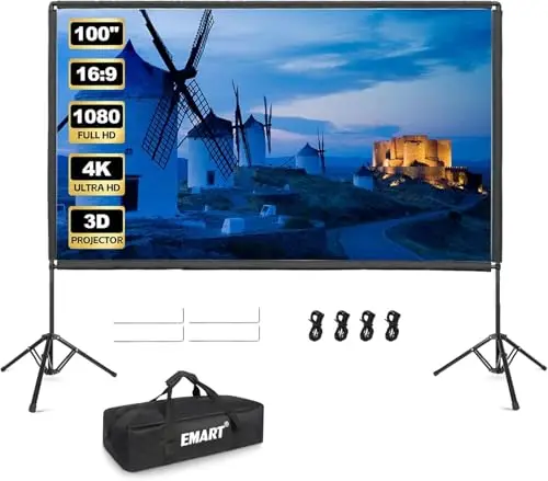EMART Pantalla de Proyección con Soporte 100 Pulgadas, 16:9 4K HD Tela para Proyector de Doble Cara Adecuada para Ver Películas En Interiores, Reuniones y Eventos al Aire Libre