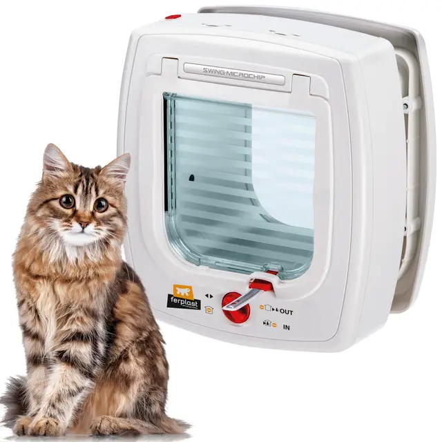 Ferplast Gatera Microchip, Puerta para Gatos, Collar Gato Incluido, Entrada y Salida controlables 4 vías, Protección contra Corrientes de Aire, Swing Microchip, Blanco