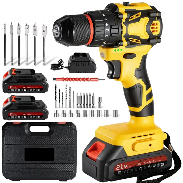 Taladro Percutor a Bateria Sin Escobillas,21V Taladro Atornillador Batería con 2 Baterías 2.0Ah,70Nm,25+3 Ajuste de Par,2 Velocidades, LED Luz, 29 Accesorios, Para Bricolaje