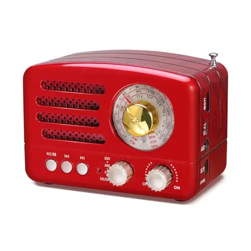 PRUNUS J-160 AM/FM/SW Radio Vintage, Radio Portatil Pequeña Bluetooth, Radio Retro con Reproductor USB/TF/AUX, Transistores Radio con Excelente Recepción, Radio Bateria Recargable de 1800mAh(Rojo)