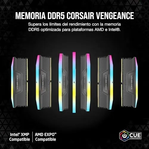 CORSAIR Vengeance RGB DDR5 RAM 16GB (1x16GB) hasta 6000MHz CL36-44-44-96 1.35V AMD Expo Intel XMP 3.0 Memoria de Ordenador de Sobremesa – Gris (CMH32GX5M1E6000Z38)