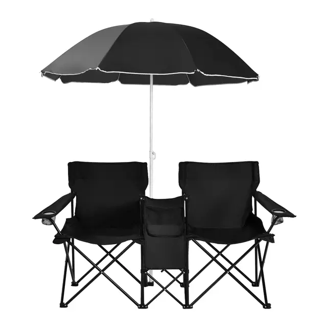 GOPLUS Silla de Camping 2 Plazas con Sombrilla, Sillón Doble con Bolsillo, Portavasos y Bolsa de Transporte, Silla Plegable Portátil para Playa Pesca Barbacoas Picnic (Negro)