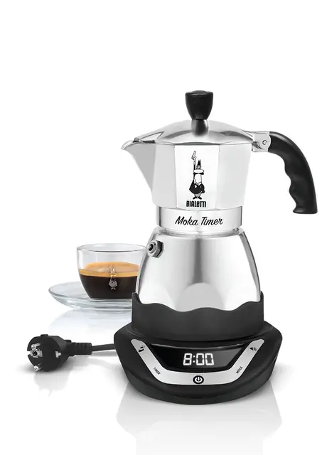 Bialetti Moka Temporizador, Eléctrico Café Fabricante con Construido-in Temporizador, 3 Carribas, 365W, Negro