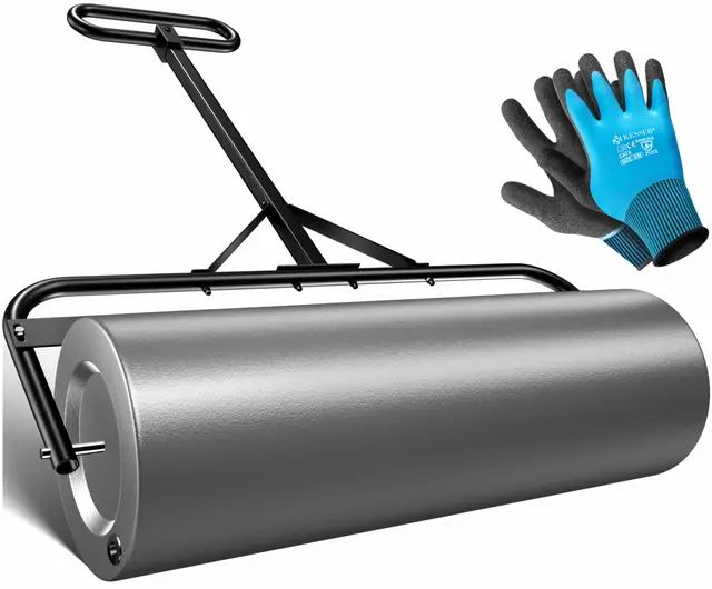 KESSER® Rodillo para césped de metal rellenable con agua o arena con 63 litros de volumen de llenado y 99 cm de ancho | Rodillo de jardín incluye guantes | Rodillo manual rodillo para césped rodillo