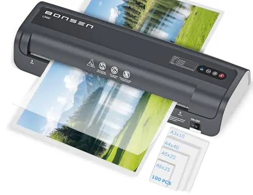 BONSEN Plastificadora A3 con Tecnología Anti-Atasco, 100 Fundas, Control de Temperatura NTC Preciso, Plastificación Rápida para Hogar, Oficina y Escuela, L3402