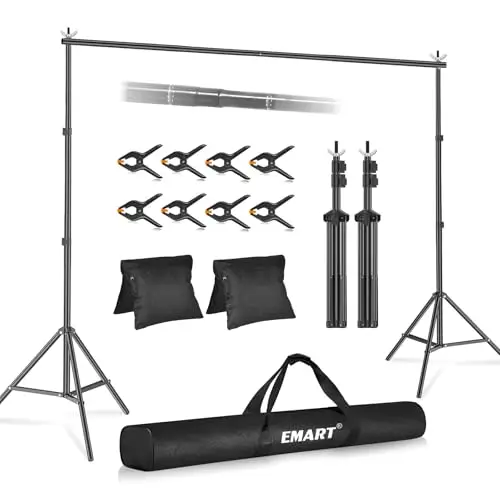 EMART 2,6m x 3m Kit de Sistema de Soporte de Fondo Ajustable con 8 Pinzas y 2 Bolsas de Arena para Retrato, Fotografía de Productos y Grabación de Video