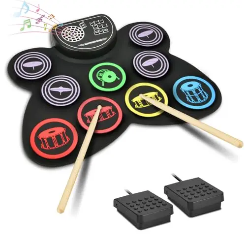 OFFCUP Batería Electrónica Portátil Con 9 Almohadillas, Ideal Para Niños, Estudiantes, Principiantes, Entusiastas - LED a Color