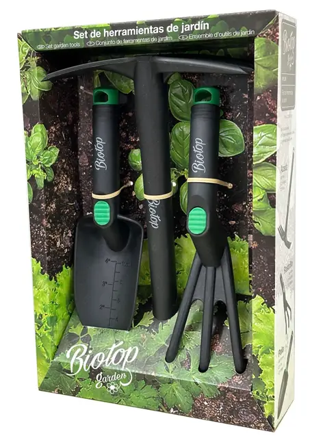 BioTop Set de Herramientas Premium fabricadas en Fibra de Vidrio y resina virgen Pala plantador, rastrillo y azuela ideales para tu huerto o jardín
