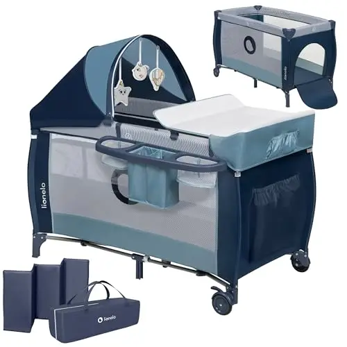 lionelo Sven Plus Cuna de Viaje para bebés 0-36M para niños hasta 15 kg Función de Cambiador Mosquitero Apertura Lateral con Cremallera Ajuste de Altura (Azul Oscuro)