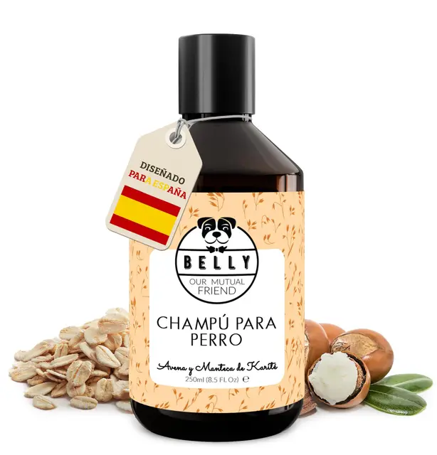 Belly® Champu Perros Piel Sensible - con Avena y Manteca de Karité - Calma el Picor y la Irritación - Hidrata la Piel y Suaviza el Pelo - 250ml - pH Equilibrado - Vegano - para Cachorros y Adultos