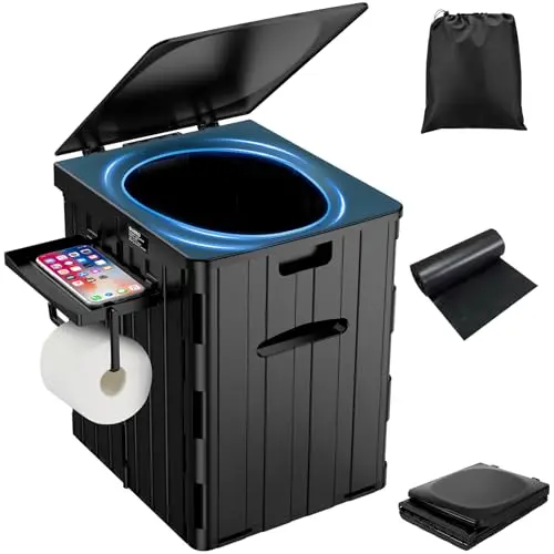WADEO Inodoro Portátil para Camping, Capacidad de Carga hasta 200kg, Inodoro Plegable con Portarrollos de Papel y Bandeja para Teléfono, Ideal para Acampar, Senderismo, Viajar, Pescar