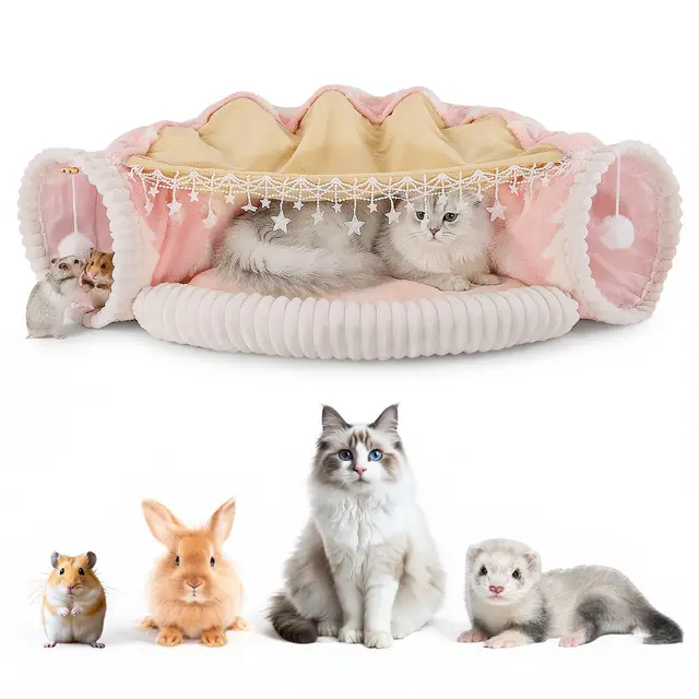 Tunel para Gatos, Túnel de Juego y Cama Gato 3 en 1 con Juguetes Colgantes, Cat Tunnel Plegable con Tienda de Campaña Extraíble, Cojín Lavable, Túnel para Gatos para Gatitos Cachorros Conejos