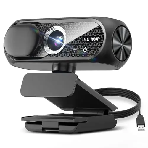 1080P HD Webcam with Micrófono, Cámara para PC, Noise Cancellation, Cubierta de Privacidad, Wide-Angle Lens, Corrección de Luz, Plug & Play USB for Laptop, Desktop, Zoom, Skype, Streaming