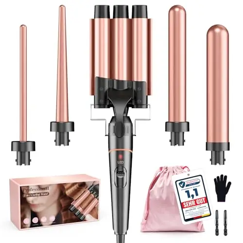 BESTOPE PRO Rizador de Pelo 5 en 1 – Barriles de Cerámica para Rizos Grandes y Ondas – Calentamiento Rápido, 2 Temperaturas, Antiestático, con Guante y Pinzas, Voltaje Dual