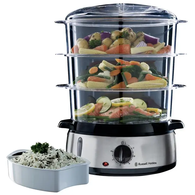 Russell Hobbs 19270-56 - Vaporera de 3 recipientes con temporizador, 800 W, incluye cubeta para arroz, color negro y plateado, libre de BPA