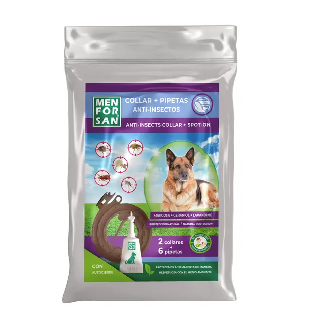 MENFORSAN Pack Mix de Collares y Pipetas Anti-Insectos para Perros, Incluye 2 Collares y 6 pipetas, en Bolsa autocierre