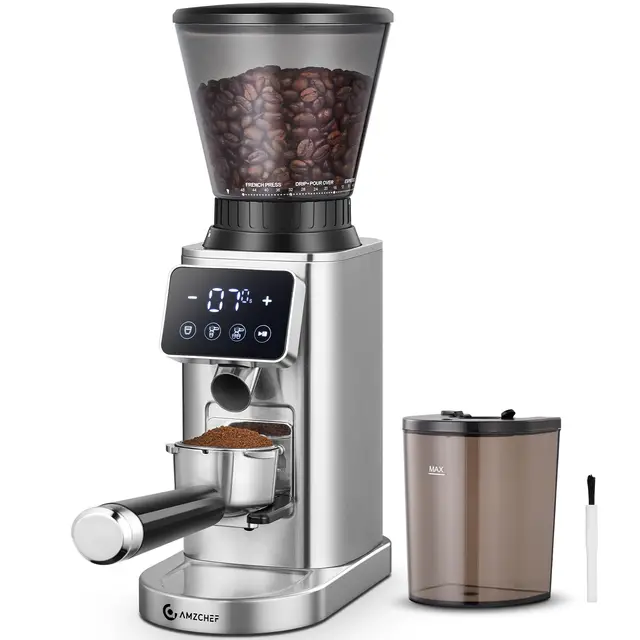 AMZCHEF Molinillo de Café Eléctrico con 48 Niveles de Molienda, Sistema Antiestático, Pantalla Táctil LCD, Depósito de 300 g, Acero Inoxidable, para Espresso, Café Filtrado, French Press