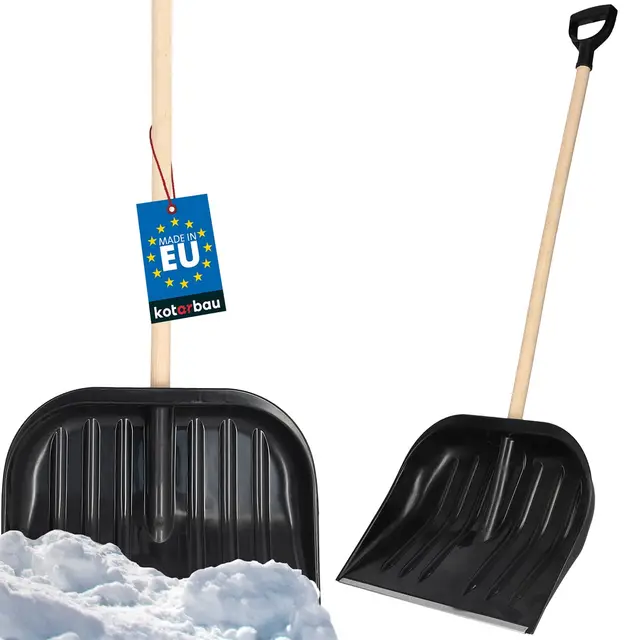 KOTARBAU® Pala de Nieve Con Mango de Madera y Anilla, Quitanieves Con Mango en D, Negra, 48cm de Ancho, Plástico Resistente Con Borde de Aluminio