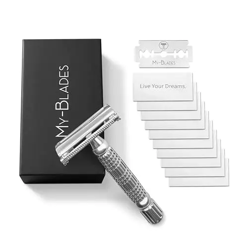 Set Maquinilla de Afeitar Clásica Premium con 10 Cuchillas – Mango Metálico, Sistema Mariposa, Caja de Regalo Elegante, Ideal para Principiantes y Profesionales