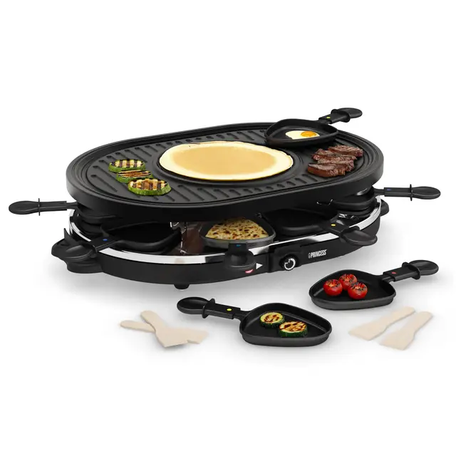Princess 162700 Oval Grill Party – Raclette y parrilla, con parte diseñada especialmente para creps, 8 personas