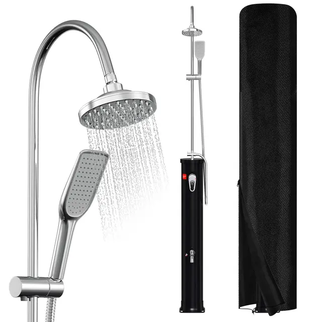 Ducha solar de 20 litros, media varilla, ducha de jardín, agua caliente hasta 60 °C, sin conexión eléctrica, ducha de piscina, camping, ducha de mano y cabezal giratorio de lluvia
