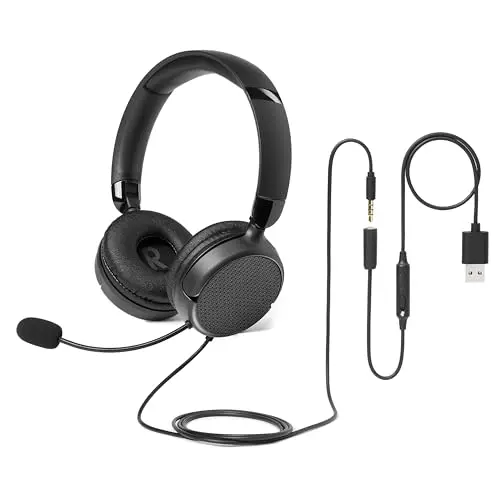 Amazon Basics, auriculares supraaurales con cable, micrófono ajustable, conexión de 3,5 mm, control por cable con USB-A, plegables, para oficina, teléfono inteligente, computadora portátil, negros