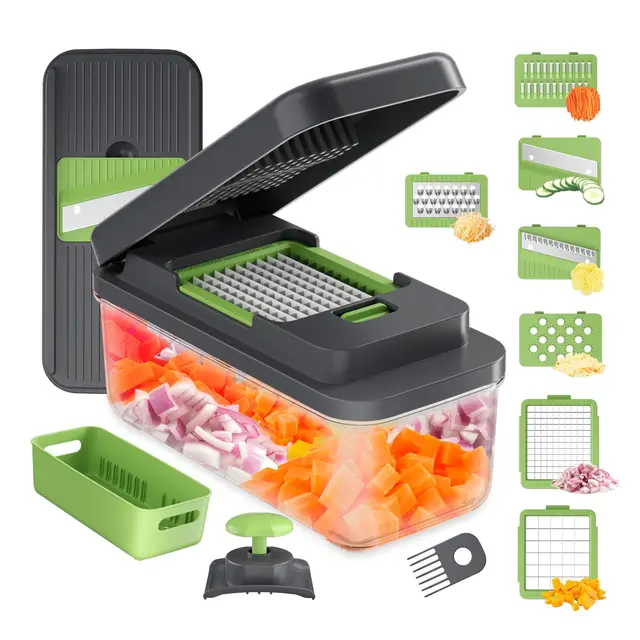 Ibergrif M524-7 Cortador de Verduras 7 en 1, Picador de Verduras Multifunción con Contenedor, Vegetable Chopper Manual, Mandolina de Cocina Profesional para Frutas y Verduras, Apto Microondas