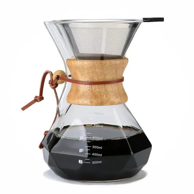 Lalord Cafetera para verter sobre café, cafetera pour over, jarra de vidrio de borosilicato de 27 onzas, filtro de acero inoxidable de doble capa y collar de madera moderno