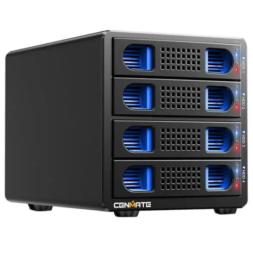 CENMATE Caja de Disco Duro 4 Bahías con Ventilador, Refrigeración para 2.5/3.5 SATA HDD/SSD con USB A/C 3.0+eSATA Cable, 3.5 Carcasa Disco Duro Soporta 80TB de Capacidad(NO Raid/NAS)