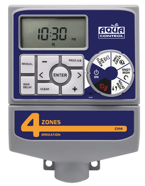 Aqua Control C1114 Programador de Riego Automático para Jardín con Transformador y pantalla LCD, Apto para hasta 4 Zonas de Riego