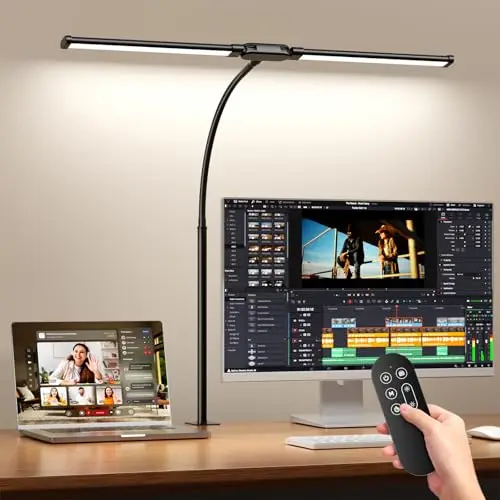 SKYLEO Lámpara de escritorio LED – Doble cabezal con mando a distancia y control táctil – Cuidado de los ojos – 12 W, 5 modos de color, temporizador y función de memoria, cuello de cisne flexible