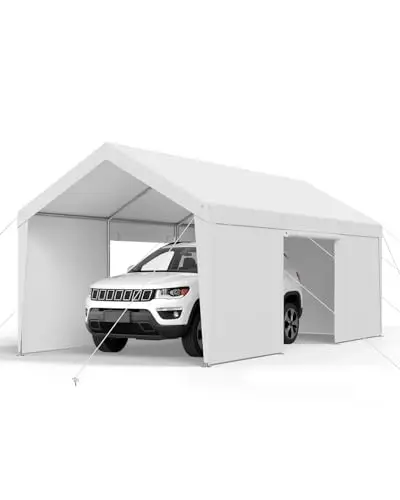 VEVOR Cochera 3,05 x 6,09 x 2,87 m, Cochera Potable con Paredes Laterales y Puerta Desmontables, Marquesina para Coches Resistente a los Rayos UV y al Agua, para Automóviles, Embarcaciones, Blanco