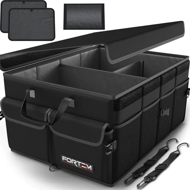 FORTEM Organizador Maletero Coche - Caja Maletero Coche Plegable con Base Antideslizante y Correas Ajustables - Bolsa Organizador con Compartimentos y Tapa con Tela Oxford 600D - Accesorios Coche 50L