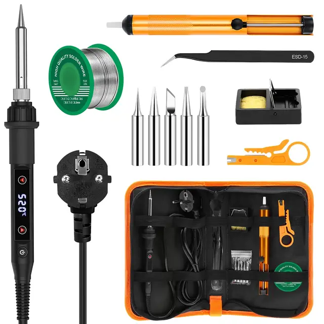 Soldador de estaño 80W Kit 13 en 1 Soldador Profesional con Temperatura Ajustable 180℃-520℃, 5pcs Puntas, Bomba Desoldadora, Soporte, Pinzas Antiestáticas, Alambre de Soldadura