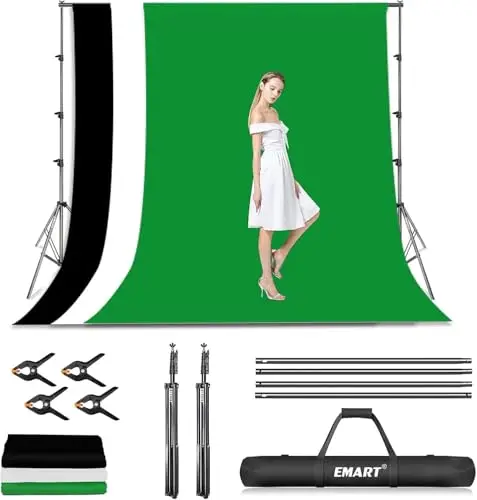 EMART Kit de Sistema de Soporte Fondo Fotografico, 2,6x3m Soporte Fondo Fotografico Ajustable con 3 Fondos para Retrato, Fotografia Productos y Grabación Video
