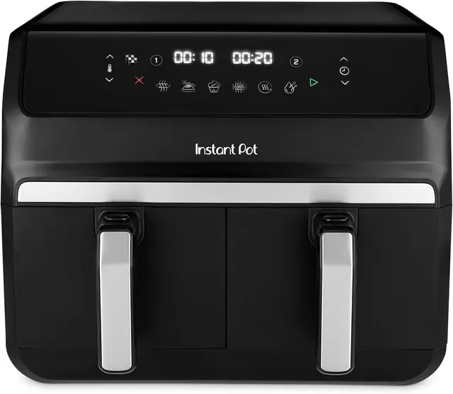 Instant Pot Freidora de aire Vortex Dual – Negra, gran capacidad (8 L), con dos cestas de 4 L. 8 funciones en 1: deshidratar, grill, hornear, asar, recalentar, Revestimiento antiadherente