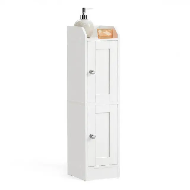 VASAGLE Siren Colección – Mueble de Baño Estrecho, Armario de Pie Esquinero, Porta Papel Higiénico, Estantes Ajustables, Puertas Reversibles Izquierda/Derecha, Blanco Nube BBK312WB02