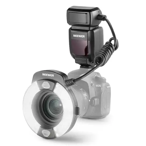 NEEWER RF1-C Flash Anular Macro Compatible con Canon, 76Ws GN15 5600K E-TTL Speedlight Potencia 1/1 a 1/128, Sync a la Primera y Segunda Cortinilla, Gel Color y Adaptadores ObjetivosFotografía Macro